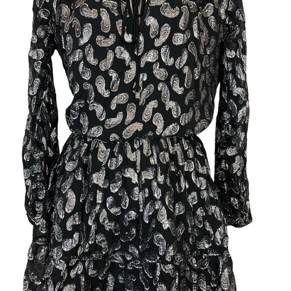 MICHAEL KORS Black Silver Paisley Long Sleeve Metallic Mini Whimsigoth Dress S - Picture 5 of 16